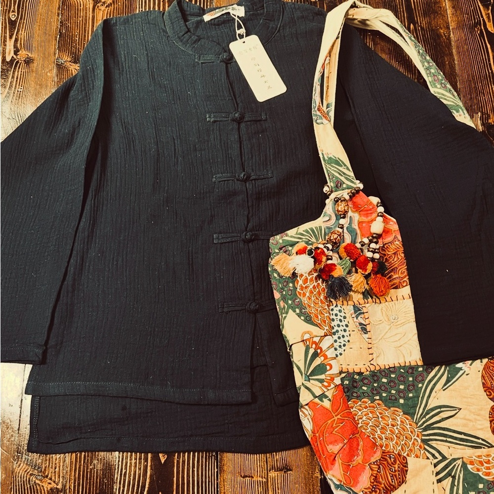 Dark Blue Mandarin Collar Blouse